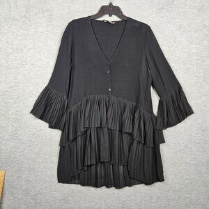 Zara Women's Black Pleated V-Neck Low-high Mini Blouse Dress Bell Sleeves Sz S